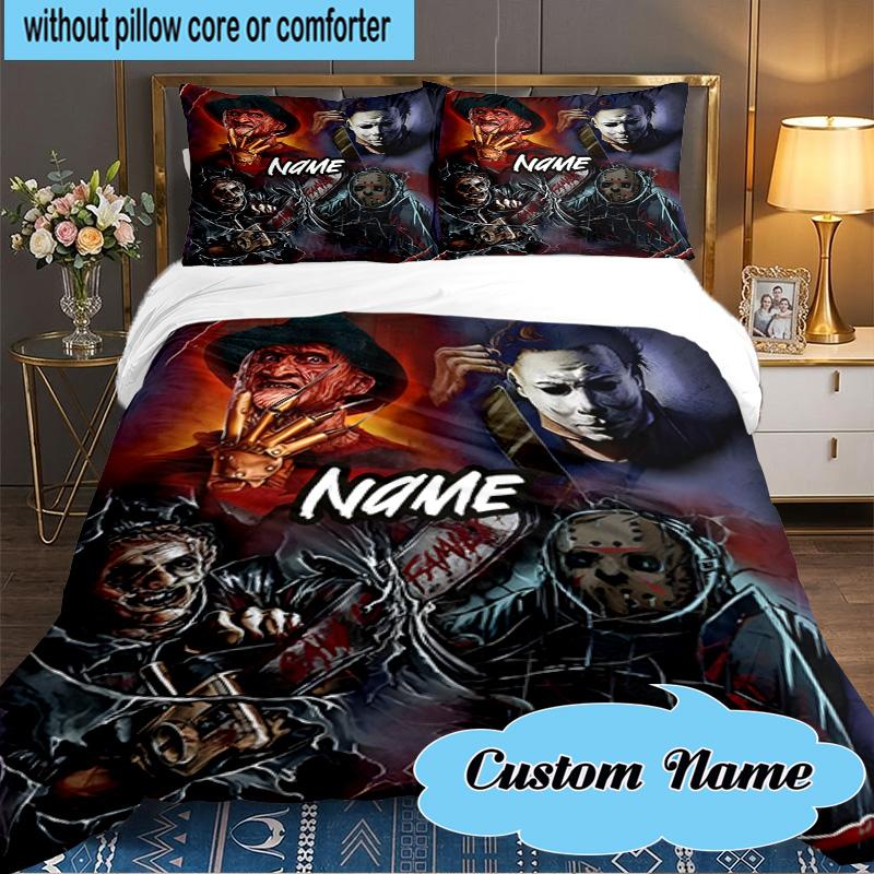 Custom Name 3PCS Ghostface Horror Theme Bedding Set Including 1pc Duvet Cover And 2pcs Pillowcases for Bedroom, Dormitory Gift Home Decor