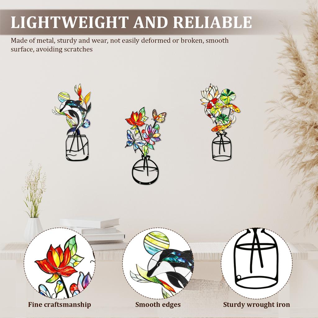 3 Pcs Metal Flowers Wall Decor Flower Wall Art Decorative with Screws Vase Hanging Decoration for Living Room Bedroom Home Decor