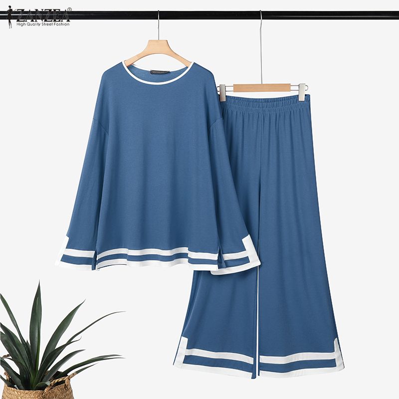 ZANZEA 2PCS Women Long Sleeve Blouse and Pants Stitching Casual Two Piece Suit Sets