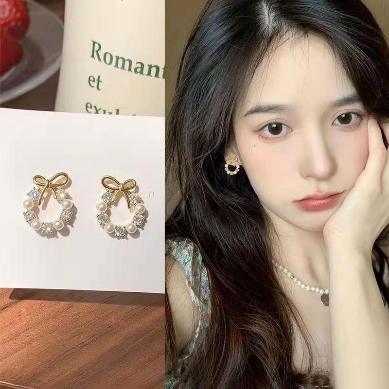 Versatile Pearl Wreath Stud Earrings Bow Earrings New Korean Internet Celebrity Earrings Women