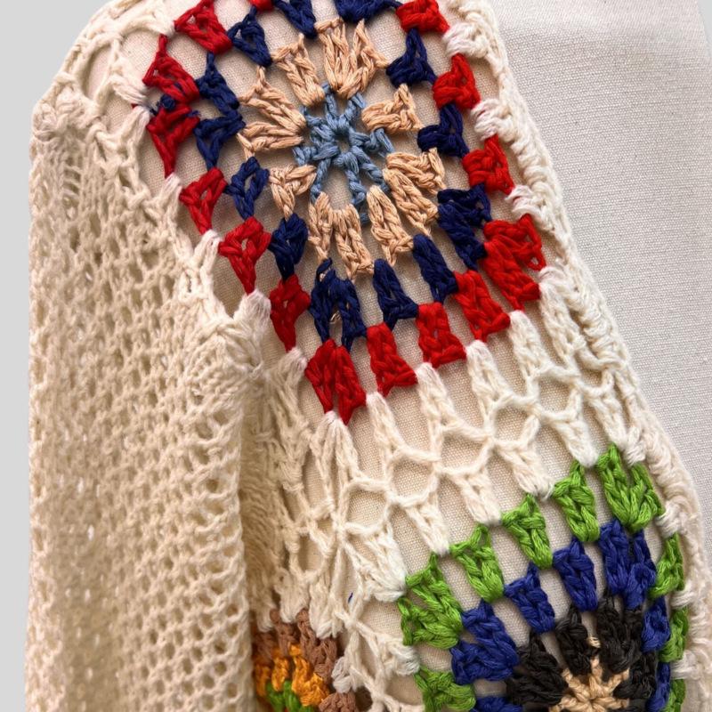 Ethnic Retro Crochet Rainbow Cardigan: Handmade Color Block Long Sleeve Knit Top