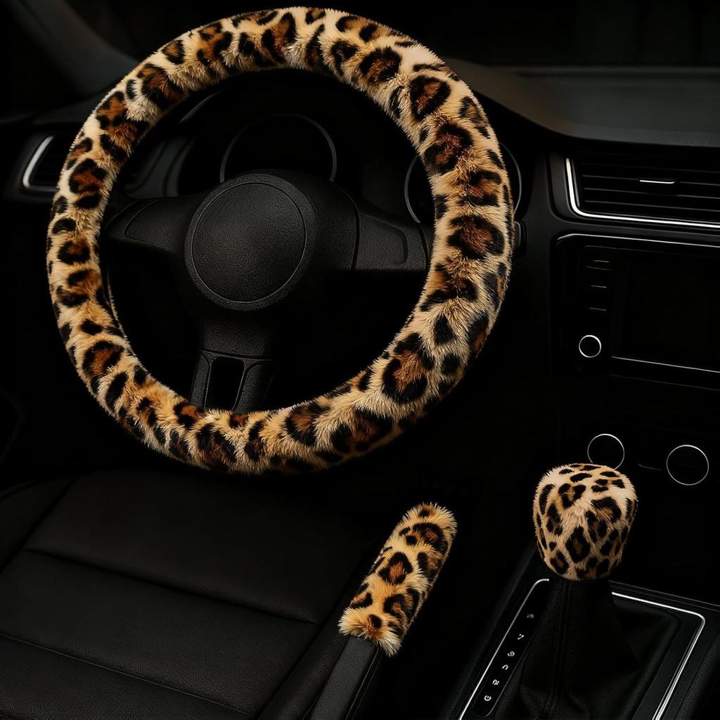Fluffy Steering Wheel Cover 3PCS Set – Plush Fuzzy Fur Steering Wheel Cover with Gear Shift Cover & Handbrake Cover, Winter Warm Car Accessories,