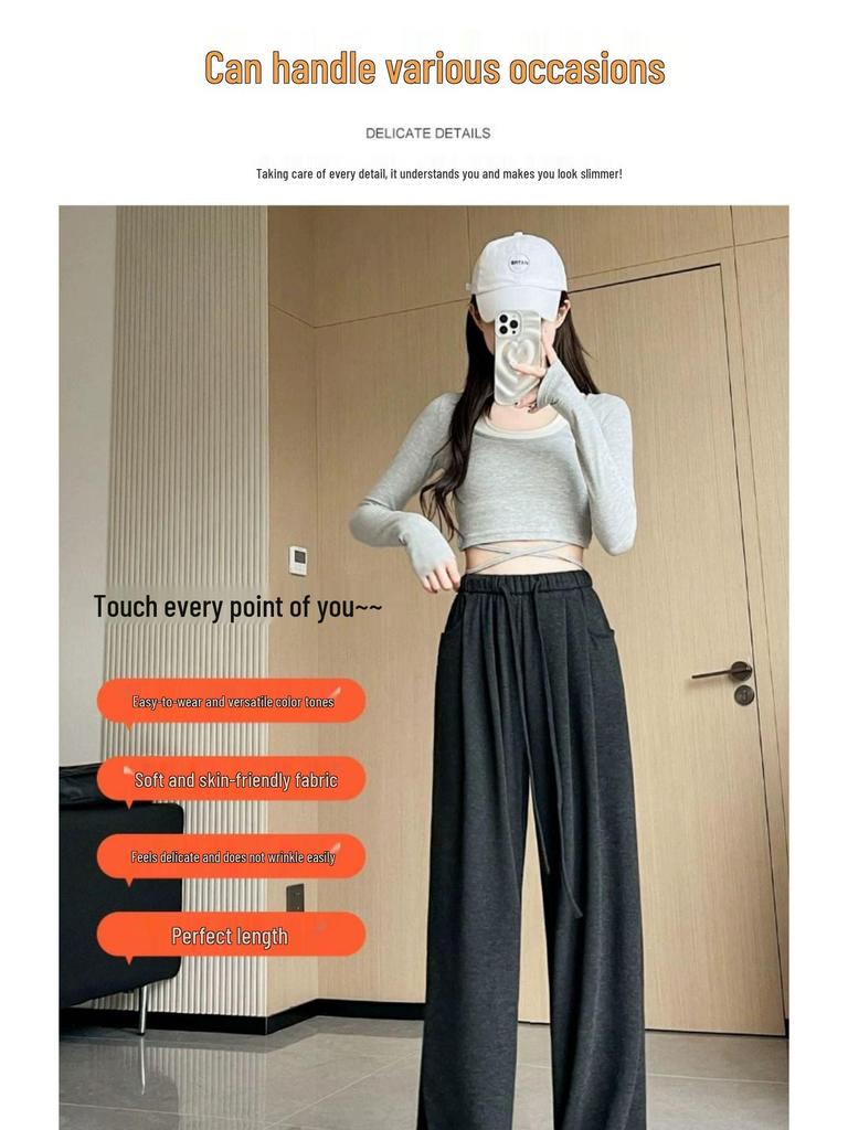 Petite High-Waisted Wide-Leg Glutinous Rice Pants - Women's Slimming Straight-Leg Spring/Autumn Floor-Length Pants