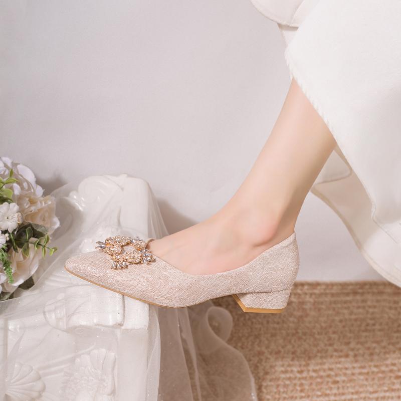 Fashion Crystal Square Button Block Heel Single Shoes Women's Pointed Toe Shallow Mouth Slip Non-Slip Low Heel Shoes