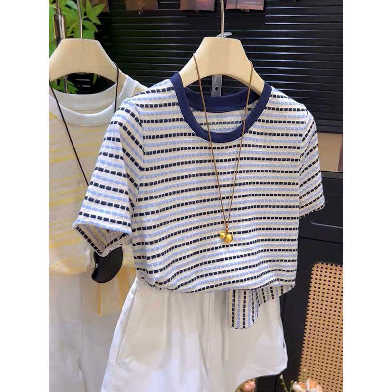 Women s Retro Color Block Striped Short Sleeve T-Shirt - Loose Casual Summer Chic L (101-115 lbs)