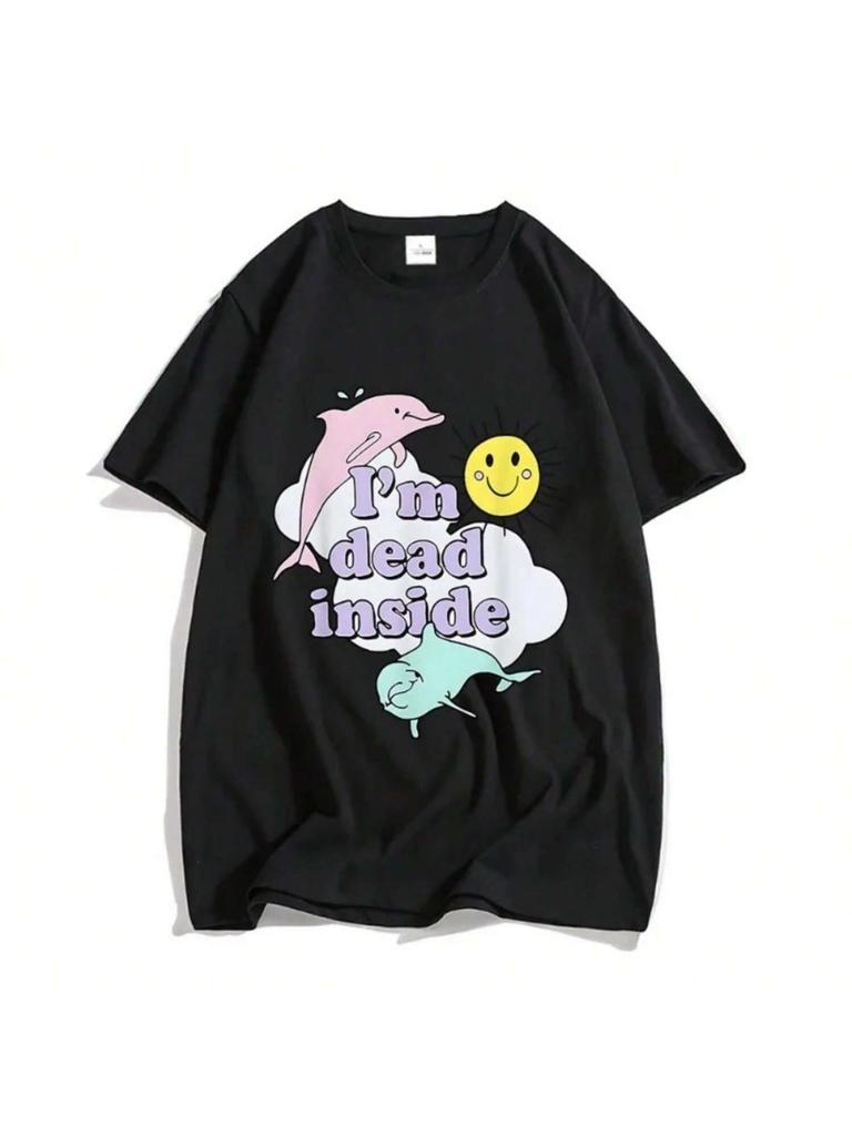 Magliette Carine Dolphin I'm Dead Inside 100% Cotone Magliette per Coppie T-shirt Larghe a Manica Corta Maglietta Animali