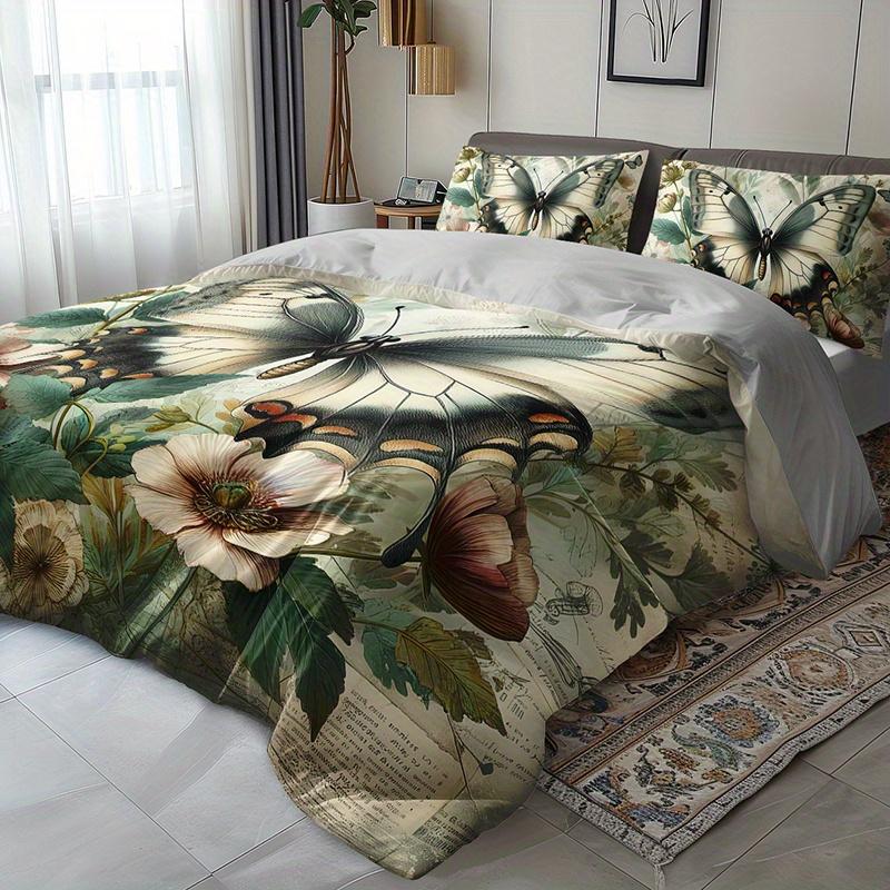 3Pcs Elegant Butterfly Floral Bedding Duvet Cover Set Botanical Butterfly Bedding Quilt Set Vintage Butterfly Themed Bed