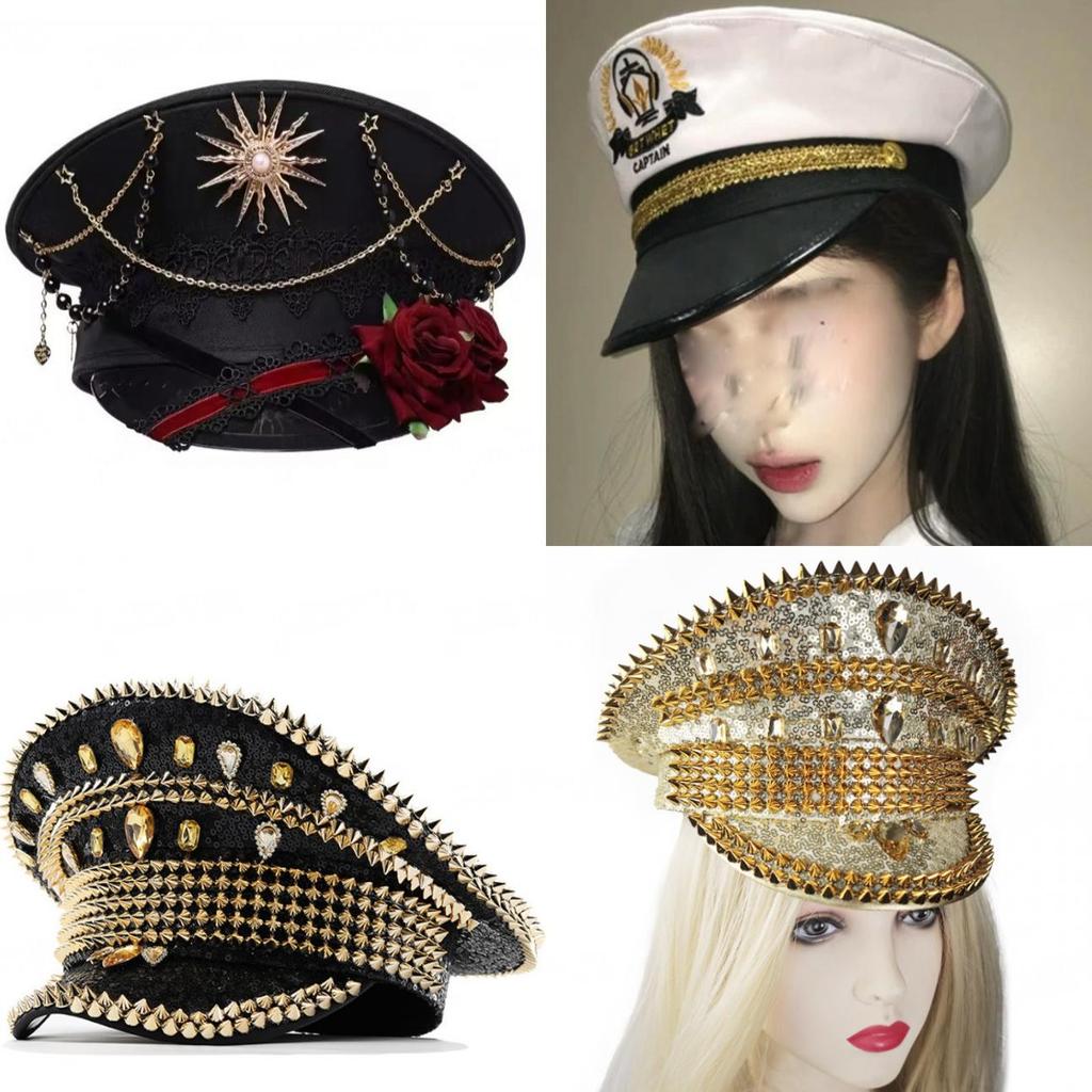 Cappello da Capitano Blu Navy Intarsiato di Strass, a Cilindro Piatto, con Ampia Visiera, per Cosplay e Fotografia