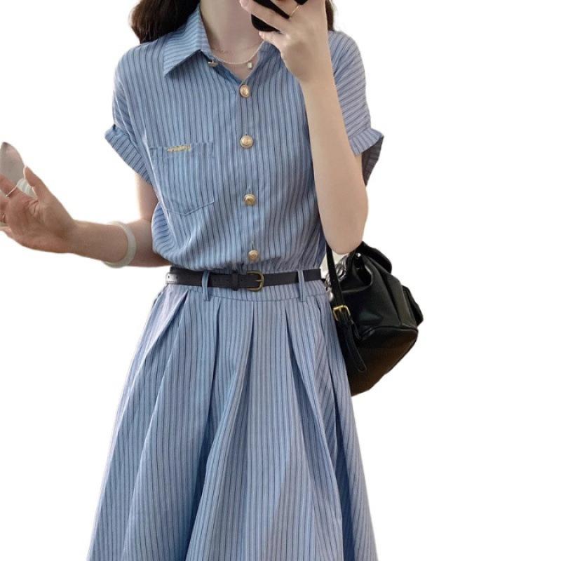 New high-end blue striped shirt dress children s summer temperament waist polo dress M