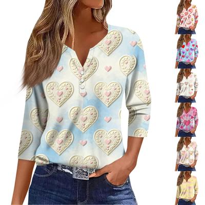 Women's Fashion Button-Up V-Neck Three-Quarter Sleeve Valentine's Day Print Top