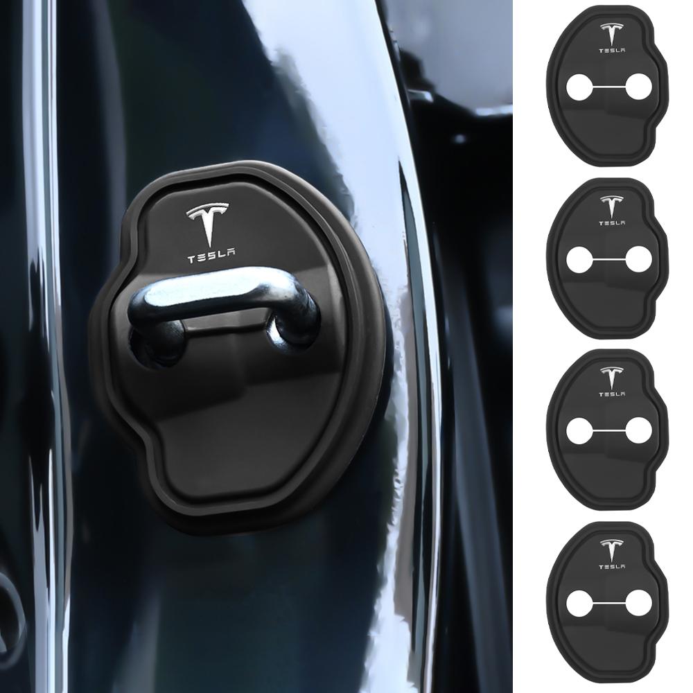 ALZ1 4Pcs Car Silicone Door Lock Cover Protective Stickers Accessories For Tesla SpaceX Cybertruck Model 3 Model S X Model Y Roadster