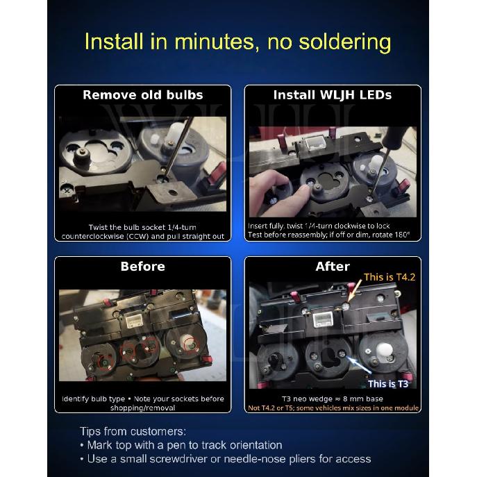 WLJH 10x Pink T3 Neo Wedge Led 8mm Base 3030 SMD Chip Car Instrument Cluster Light Dashboard Gauge HVAC AC Heater Climate Control Lamps Switch