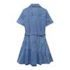 24 Summer New Arrival Women's Rollneck Short-Sleeve Shirt Single-Breasted with Waistband Loose Denim Short Dress 2553046