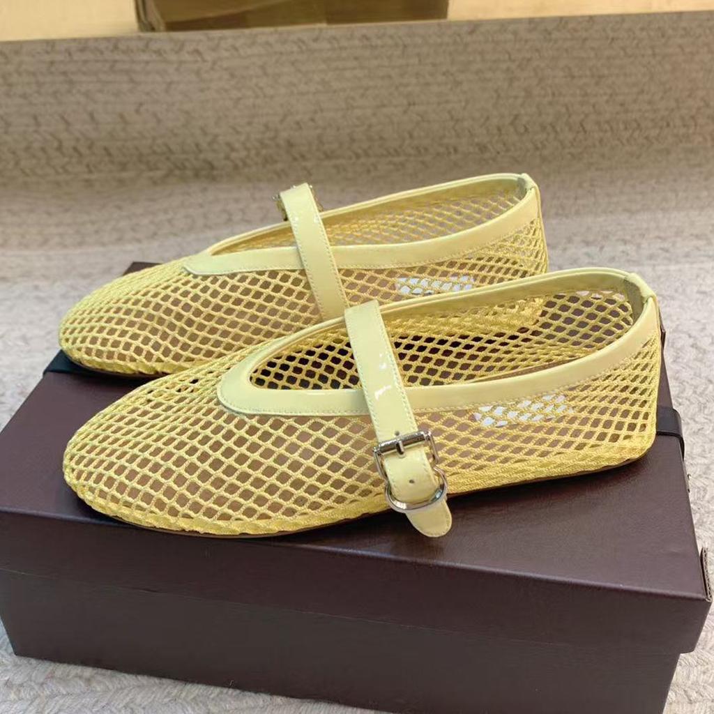 Leisure Fishing Net Flat Ballet Shoes Made Of Genuine Leather With A Straight Cut And Perforated Breathable Mary Jane Single