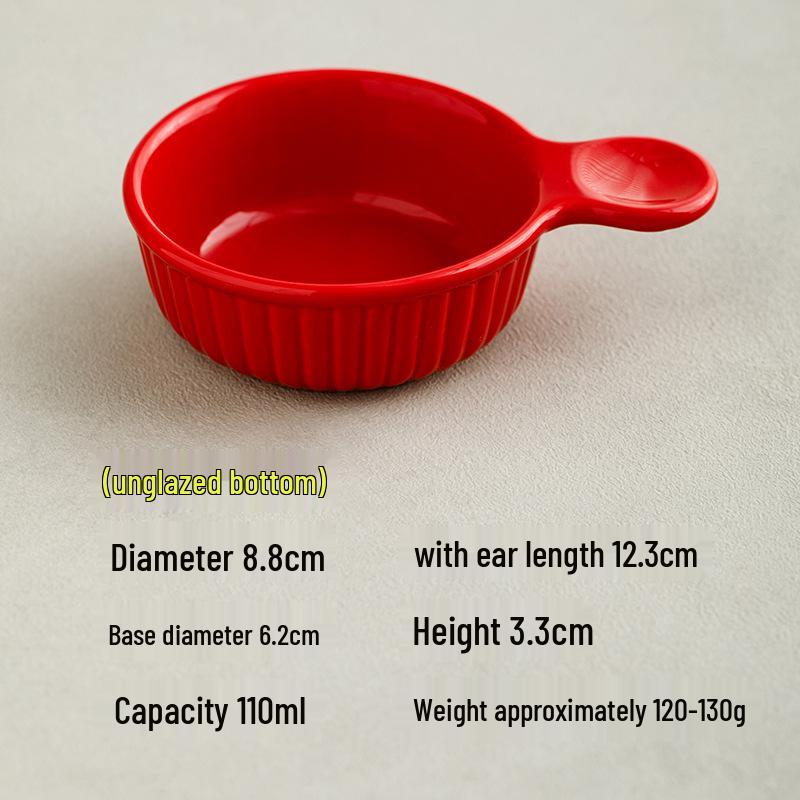 

Bright Red Striped Single-Ear Dehua Ceramic Bowl - 3.5-Inch for Condiments, Hot Pot Sauce, Dessert, and Baking