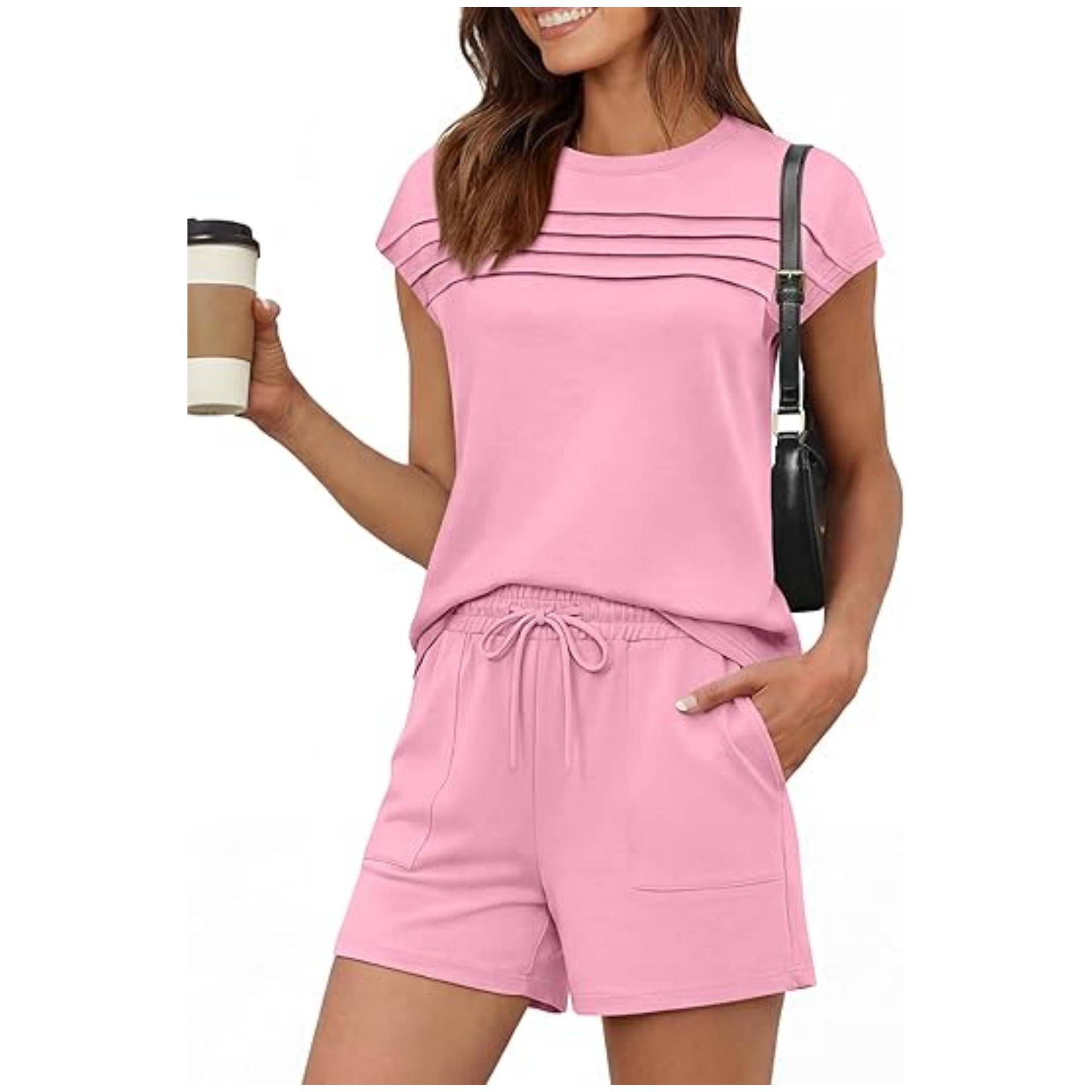 2026 Summer Striped and Solid Casual Top & Shorts Set for Women S розовый