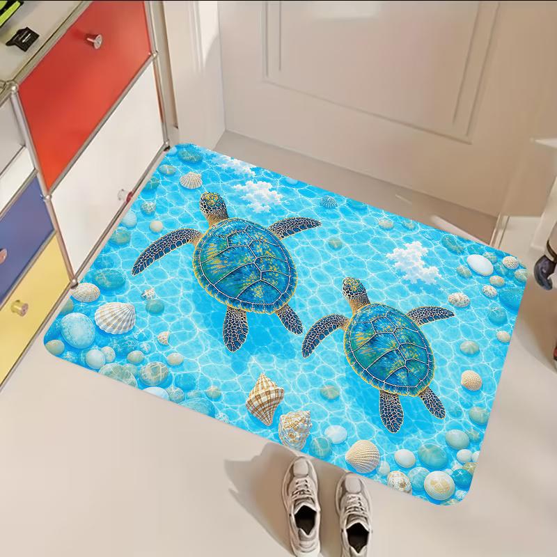 Blue Starfish Seashell Beach Sand Non Slip Doormat Coastal Nautical Summer Front Entrance Rug Indoor Outdoor Home Floor Decor