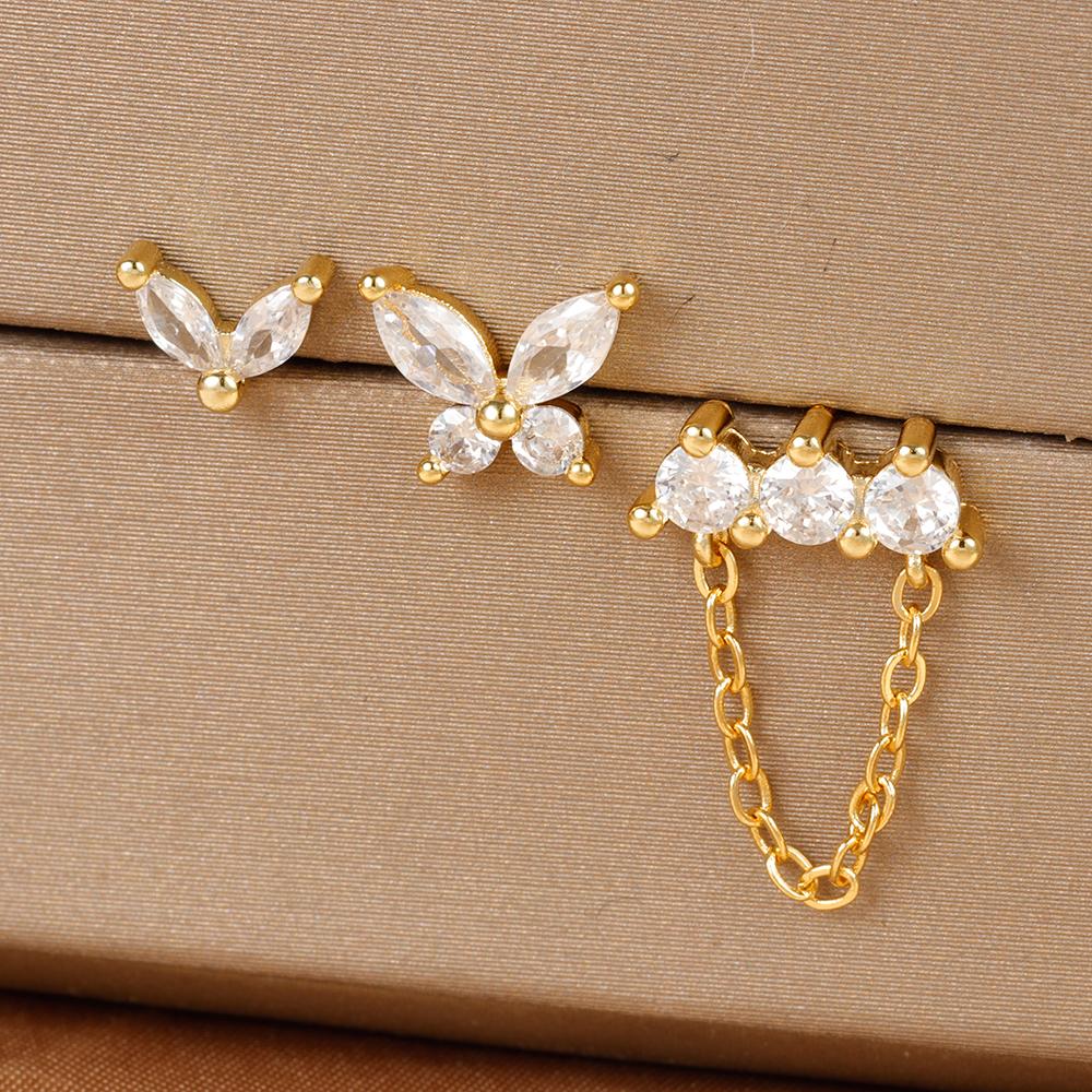 

3PCS Stainless Steel Butterfly Chain Tassel Earrings Set For Women Crystal Zirconia Cartilage Piercing Earring Wedding Jewelry
