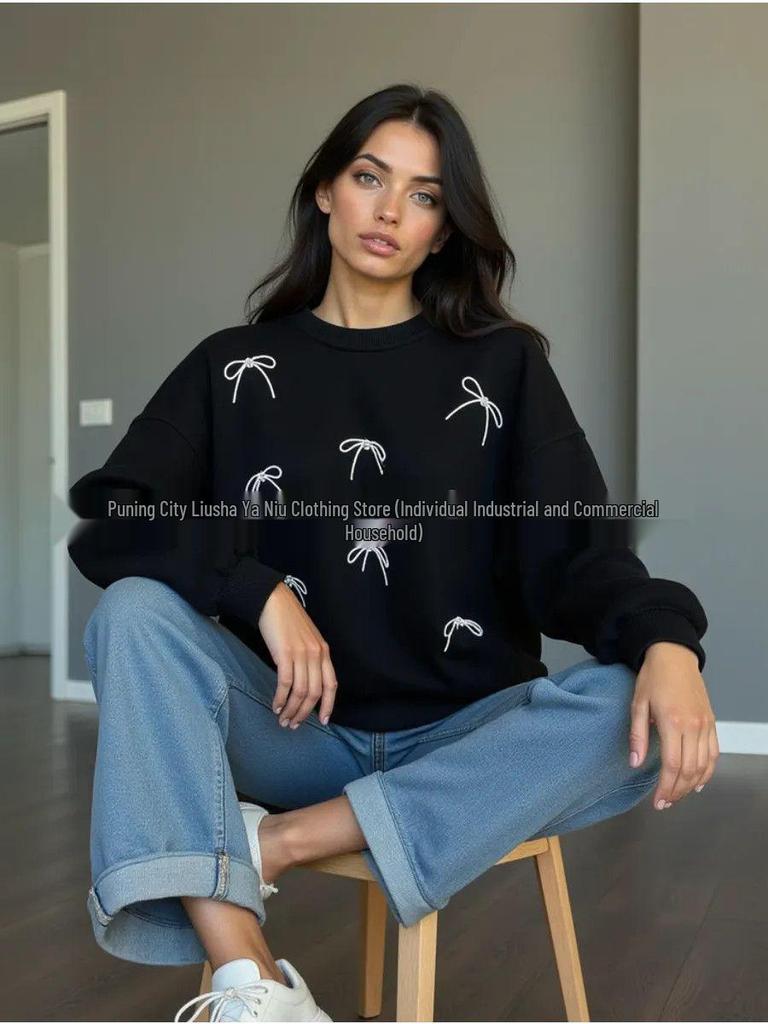 Women's Stylish Bow Print Thickened Pullover Hoodie for Autumn/Winter