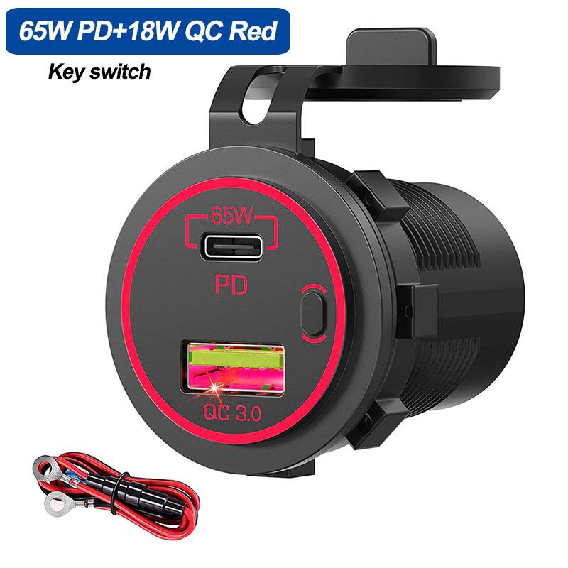 65 W PD-Autoladegerät, 12 V, 24 V, USB-Steckdose, Laptop, Motorrad, USB-C, PD, QC 3.0, USB-Anschluss, wasserdicht, mit Netzschalter für Wohnmobil
