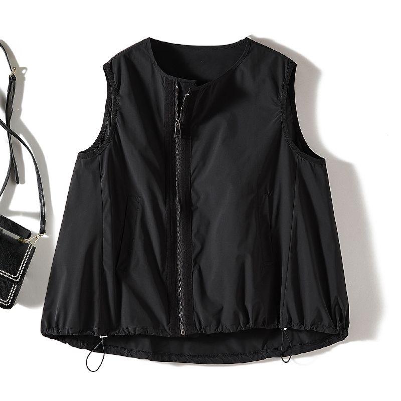 

Neutral All-Match Vest! Trendy Cool Women s Oblique Zipper Polyester Cotton Black round Neck I-Shaped Vest Spring and Autumn Outerwear Hot Black L