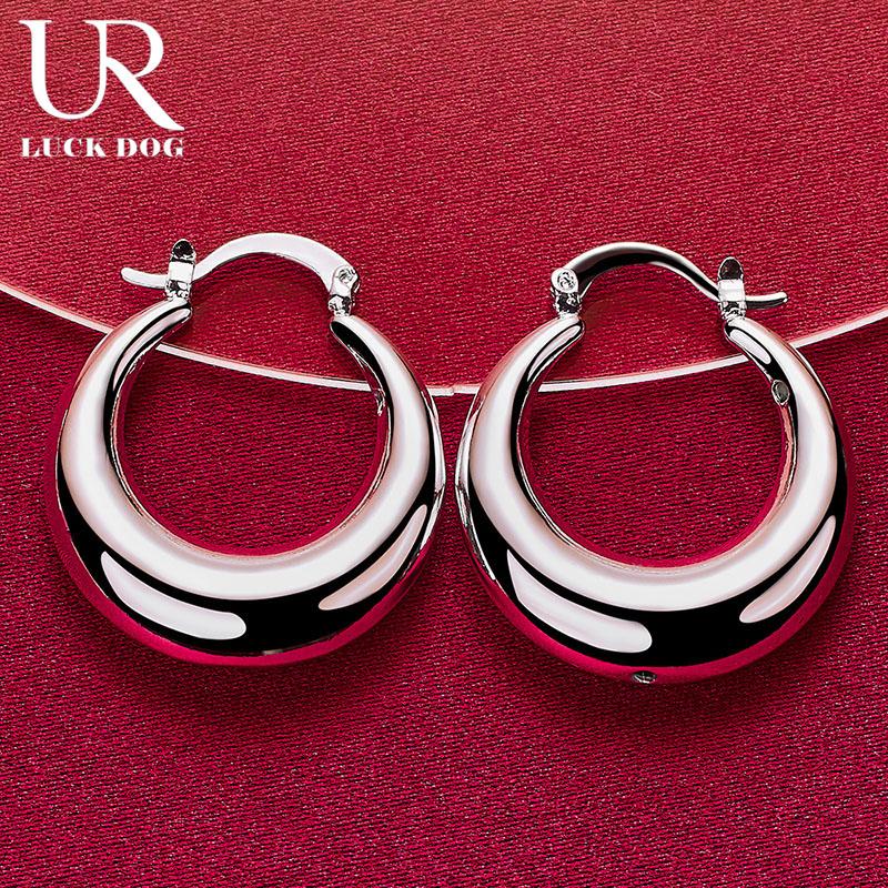 925 Sterling Silver Round Smooth U-shaped Large Ring Piercing Earrings Fashionable Wedding Jewelry