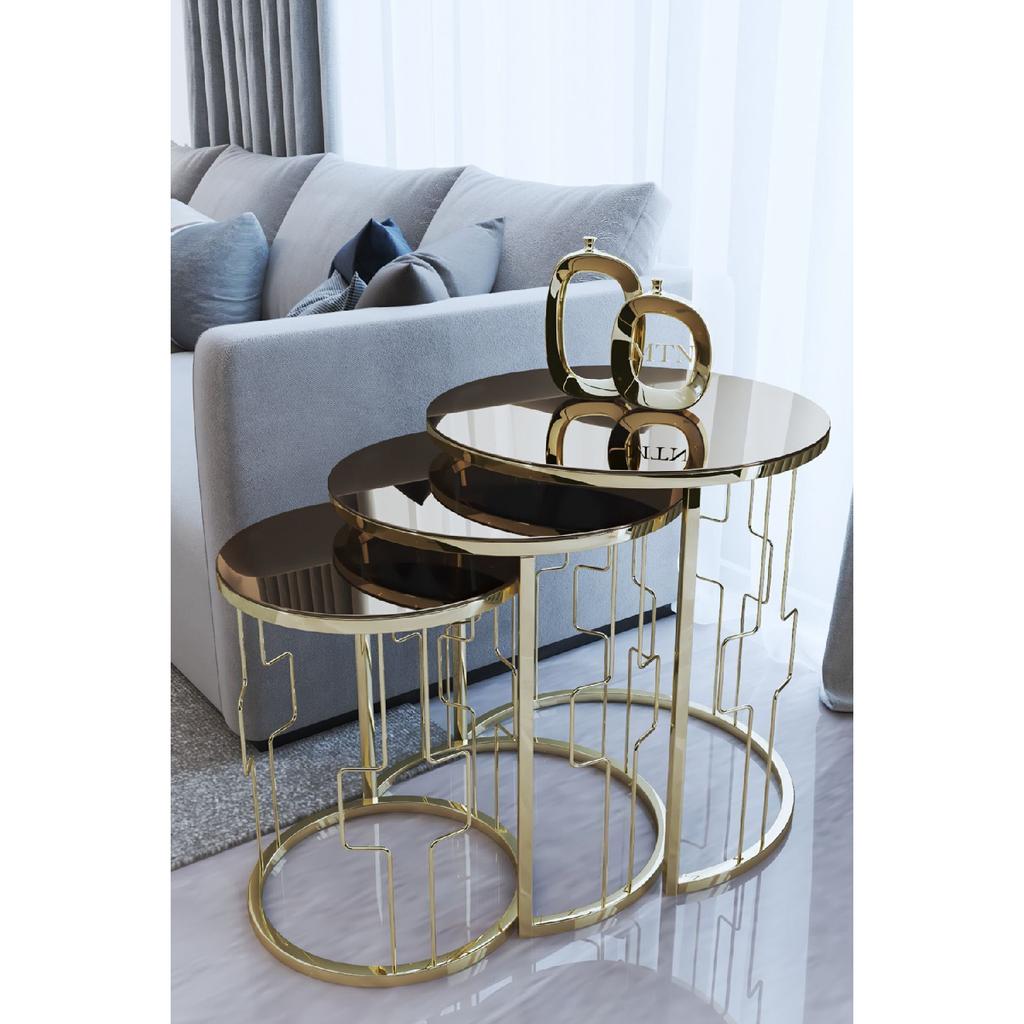 Wired 3-seat Nesting Coffee Table Gold Leg Bronze Mirrored