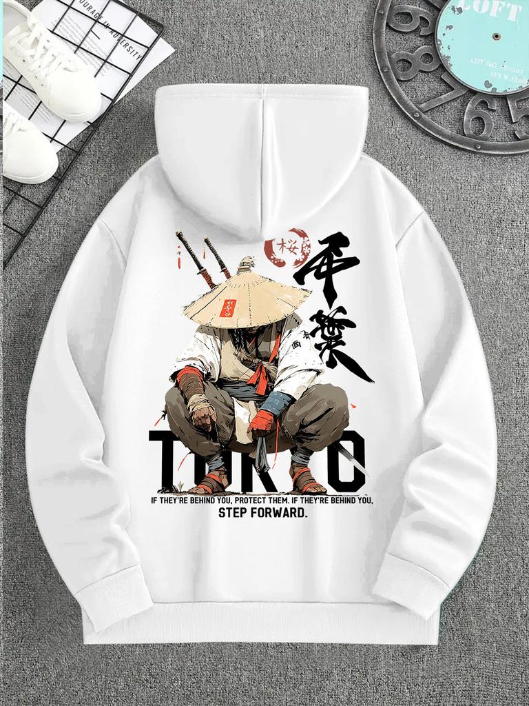 Squatting Samurai With Katana Calligraphy Back Pattern Men Hip Hop Sports Hoodie, Street Tough Style Oversized Pullover