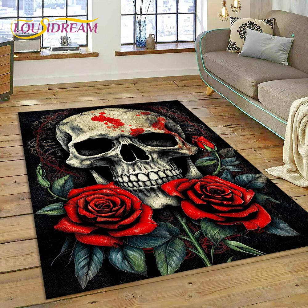 Cartoon Horrible Gothic Skull Flowers Carpet Rug for Home Living Room Bedroom Sofa Doormat Decor,Kid Area Rug Non-slip Floor Mat
