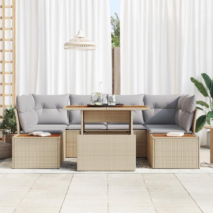 VidaXL Ensemble de salle à manger de jardin de 7 pièces avec coussins en poly rattan beige et acacia 3350037
