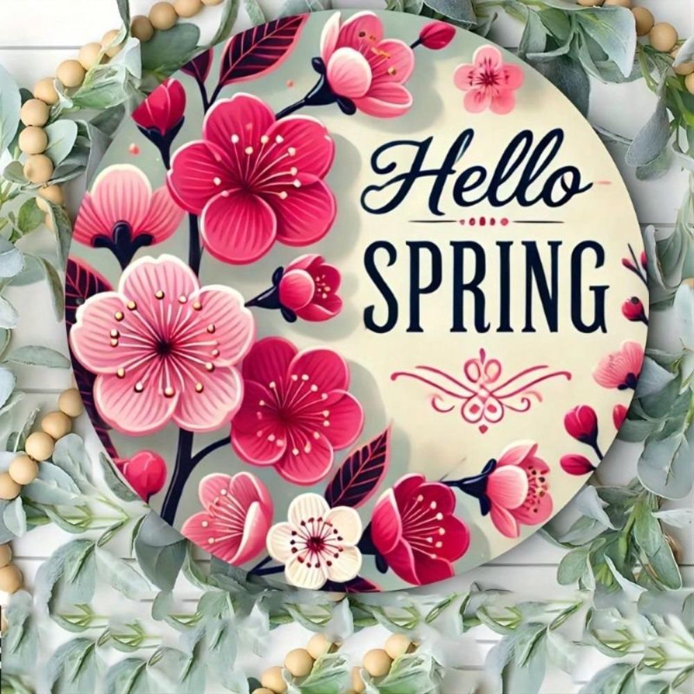 Metal Wall Art Hello Spring Pink Sakura Circle 20x20cm Bedroom Decor