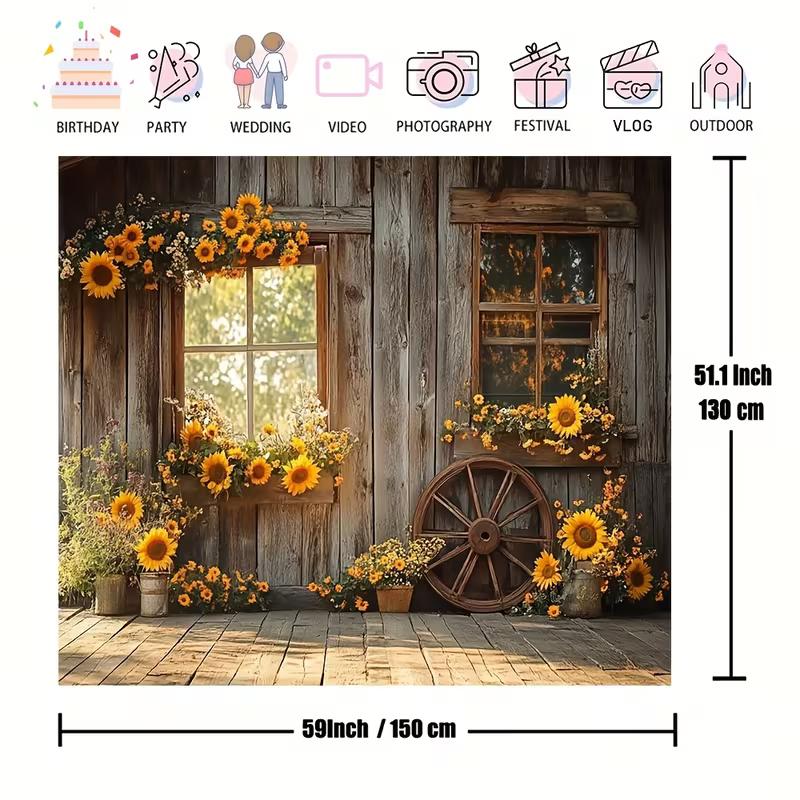 Rustic Sunflower Barn Tapestry, Farmhouse Background Cloth, Country Home Decor