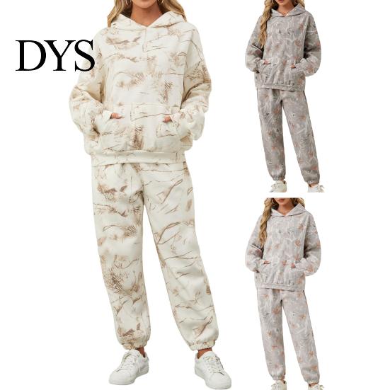 Zestaw Bluza z Kapturem i Spodnie Dresowe Camo 2 Szt./Zestaw Damski Garnitur Nadruk Długie Rękawy Gruba Bluza Codzienny Dres Elastyczna Talia Spodnie ze Ściągaczem przy Kostce Sport