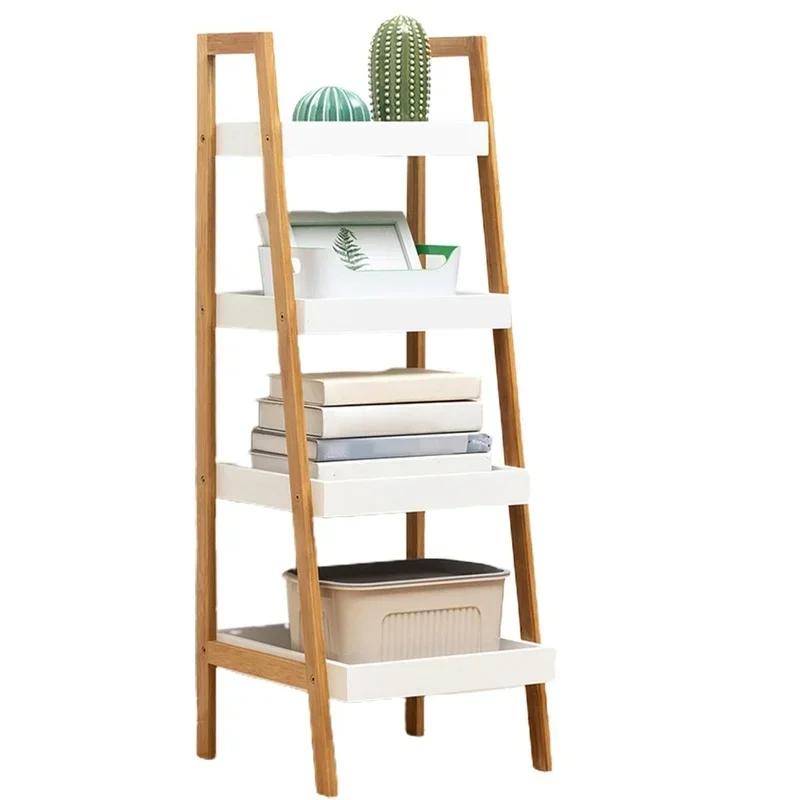Bathroom Standing Shelf Bathroom Vanity Floor Standing Shelf Storage Bamboo Ladder Bookshelf 4 Tier Shelf Wood Organizer Rack