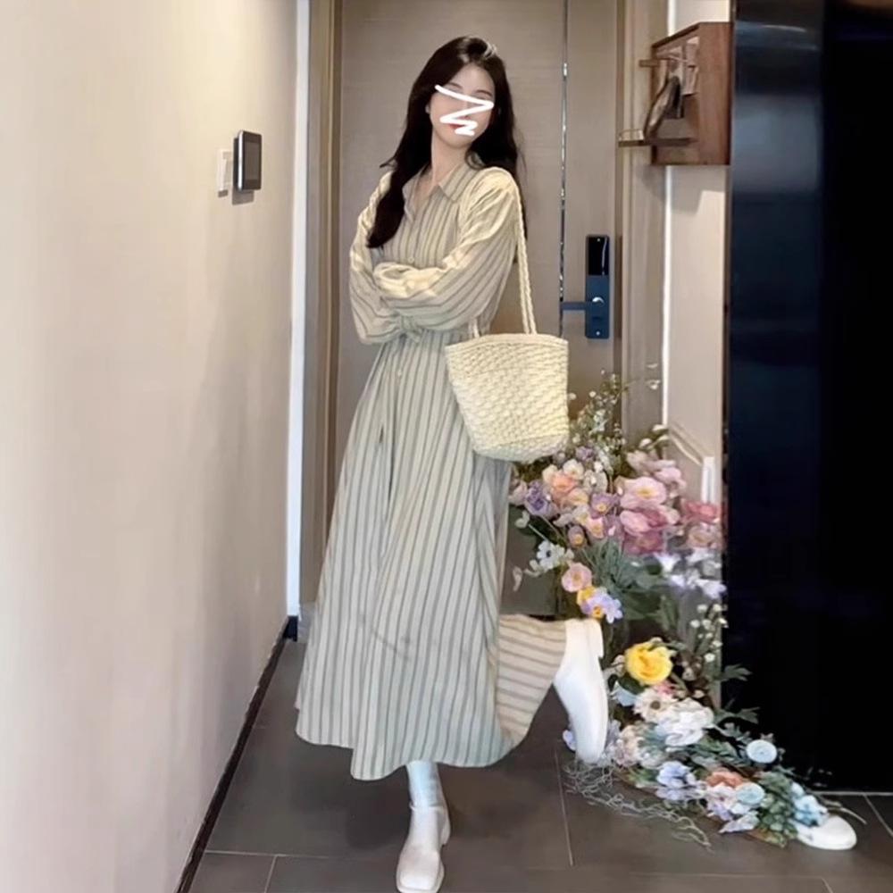 French Striped Long-sleeved Shirt Dress Women's Clothing Early Autumn New Waist Temperament Small Long Dress
