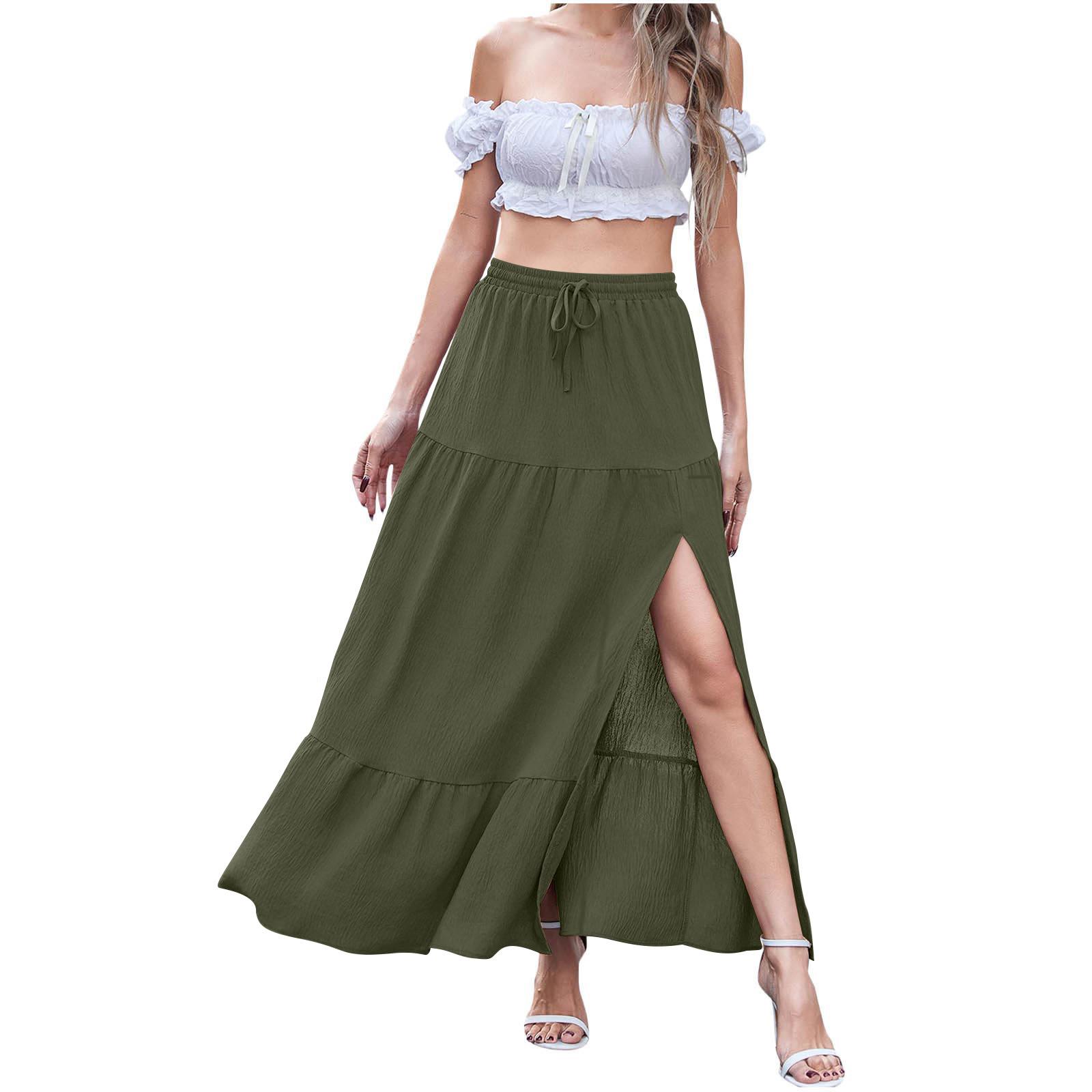 

Women s Bohemian Solid Color Side Slit Skirt Clothes Sale M