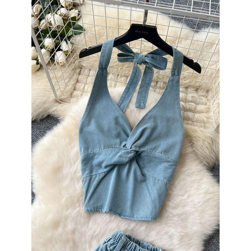 Casual Set Women Korean Fashion Summer Clothing Scheming Twist Hanging Neck Sling Denim Top High Waist Wide Leg Straight Pants