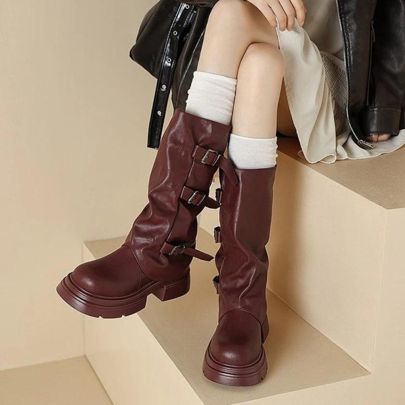 Fashion Leather Platform Mid Calf Shoes Woman Work Trend 2025 Large Size Half High Boots for Women Gyaru Gothic On Offer Waterproof Boot