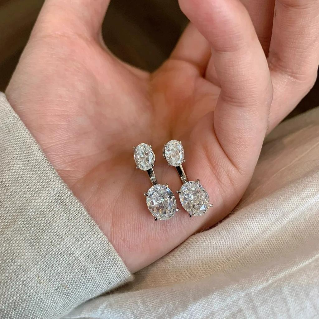 Orecchini a Stella Ovale con Diamante Bianco, Orecchini a Bottone Inlaid Zircone Diamante ad Alto Carbonio di Lusso con Parte Posteriore Sospesa a Due Modi, Donna