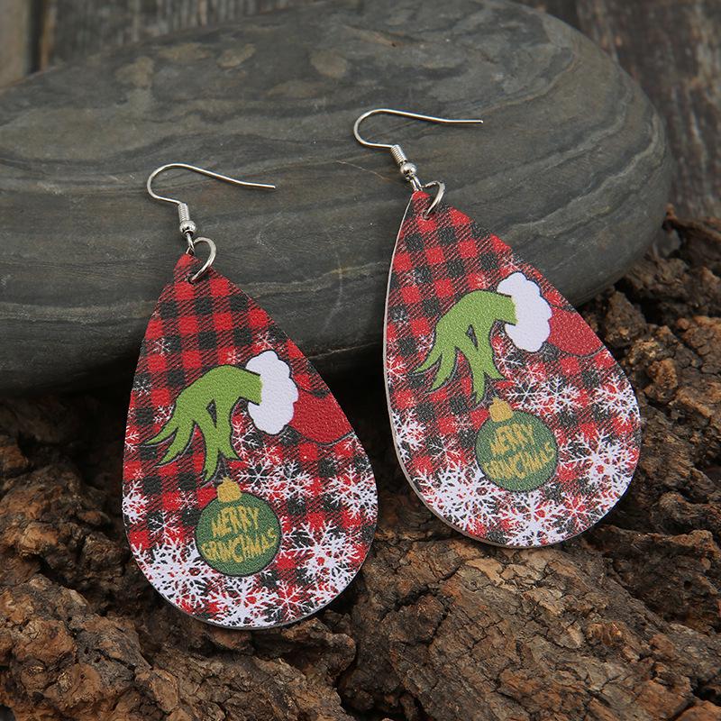 

European & American Christmas Grinch Plaid Snowflake Double-Sided Leather Earrings
