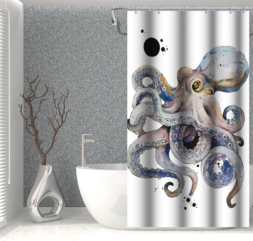 Colorful Octopus Shower Curtain Ink Painting Japanese Kanagawa Kraken Black Dots Design for Bathroom Decor Fabric Polyester