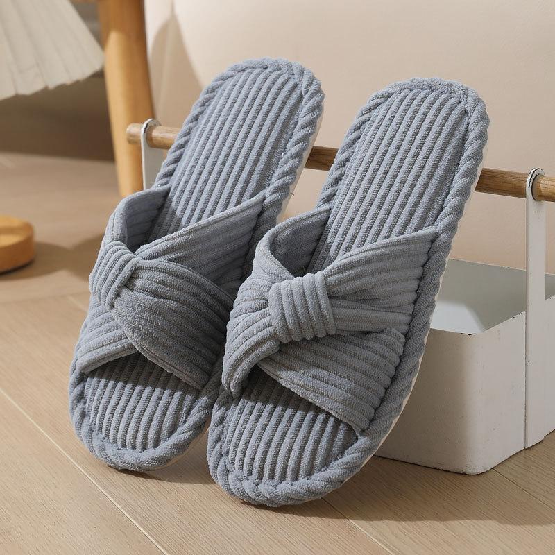 Fashion Indoor Soft Solid Cotton Slipper Woman Winter 2025 Casual Open Toe Flat Slippers Women Cross Strap Corduroy Cotton Slides Mujer