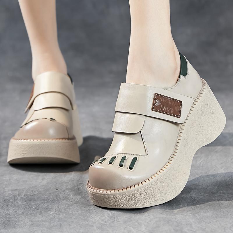 Fashion GKTINOO Retro Flat Platform Women Wedges Shoes Luxury 6cm Platform Shoes Thick Heels Genuine Leather Casual Hook & Loop Pumps