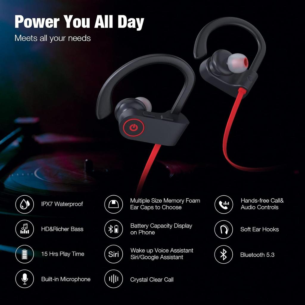 Boean Bluetooth Headphones Wireless Earbuds Bluetooth 5.3 Running Headphones IPX7 Waterproof Earphones with 16 Hrs Playtime Stereo Sound Isolation