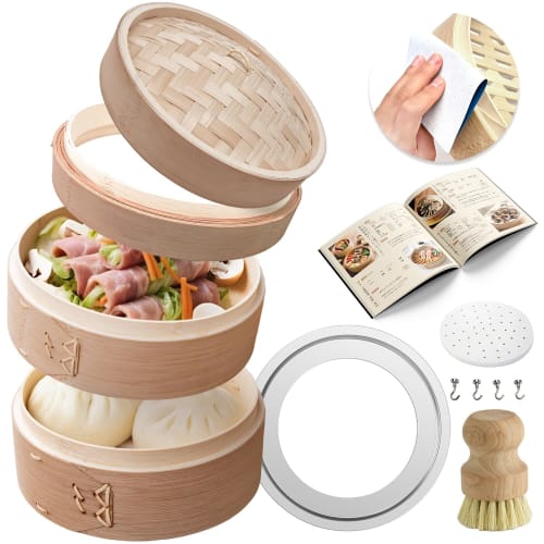

DQCORAL Premium Carbonized Bamboo Steamer with Enhanced Anti-Mold Performance, 21cm Two-Tier + 22cm Steaming Plate Set [Includes Original Recipe Book,