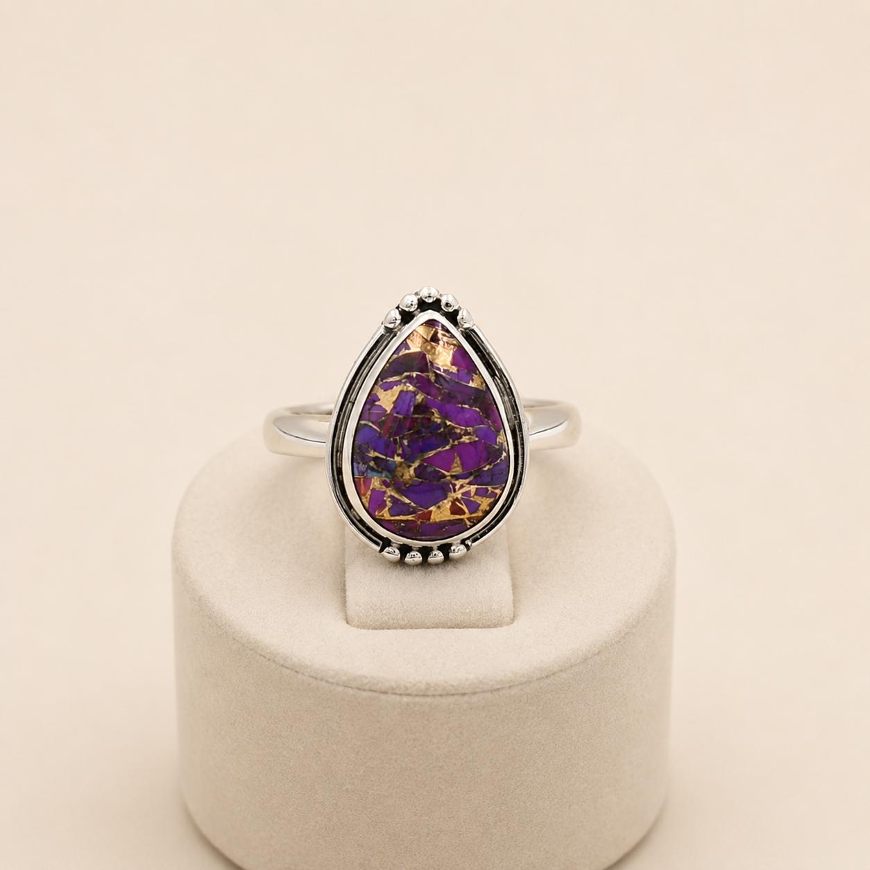 

Purple Copper Turquoise Teardrop Ring in 925 Sterling Silver, Handmade Statement Gemstone Ring, Bohemian Jewelry 12 срібний