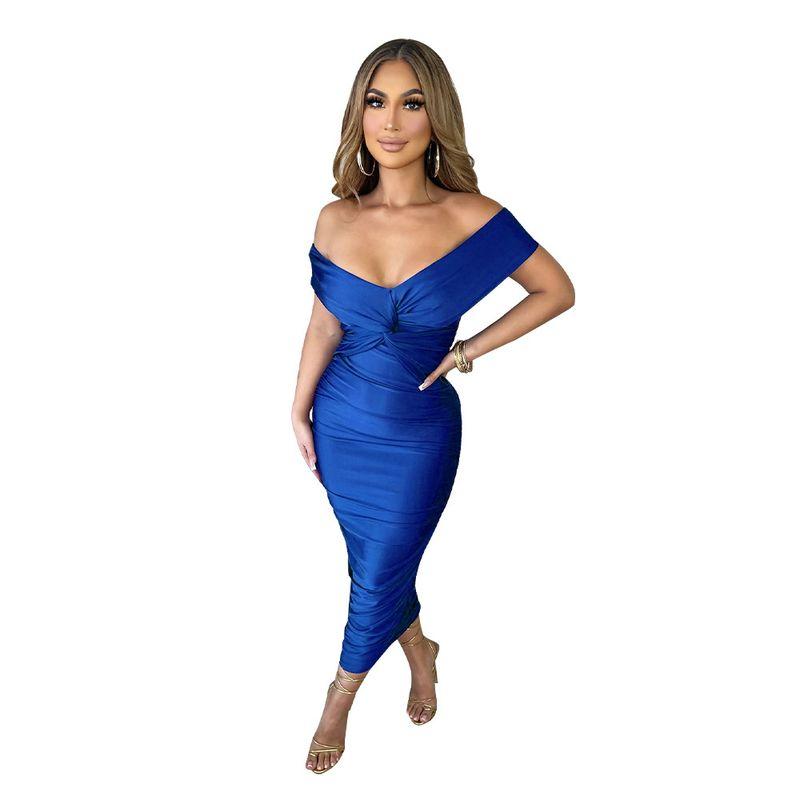 

2025 Сексуальное однотонное платье с V-образным вырезом и плиссировкой Color blue M