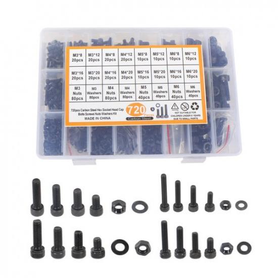 720pcs M3 M4 M5 M6 12.9 Grade Hex Socket Head Cap Screws Bolts Flat Washers Nuts
