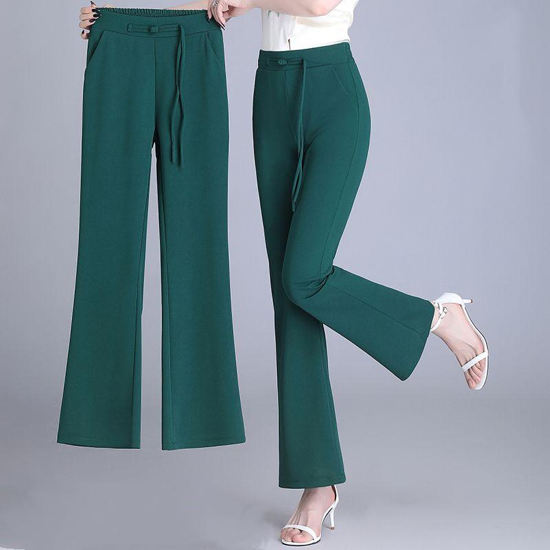 Chinese Style Autumn Flare Pants Women Solid Frog Pockets Elastic High Waist Casual Versatile Slim Wide Leg Ankle Length Trouser