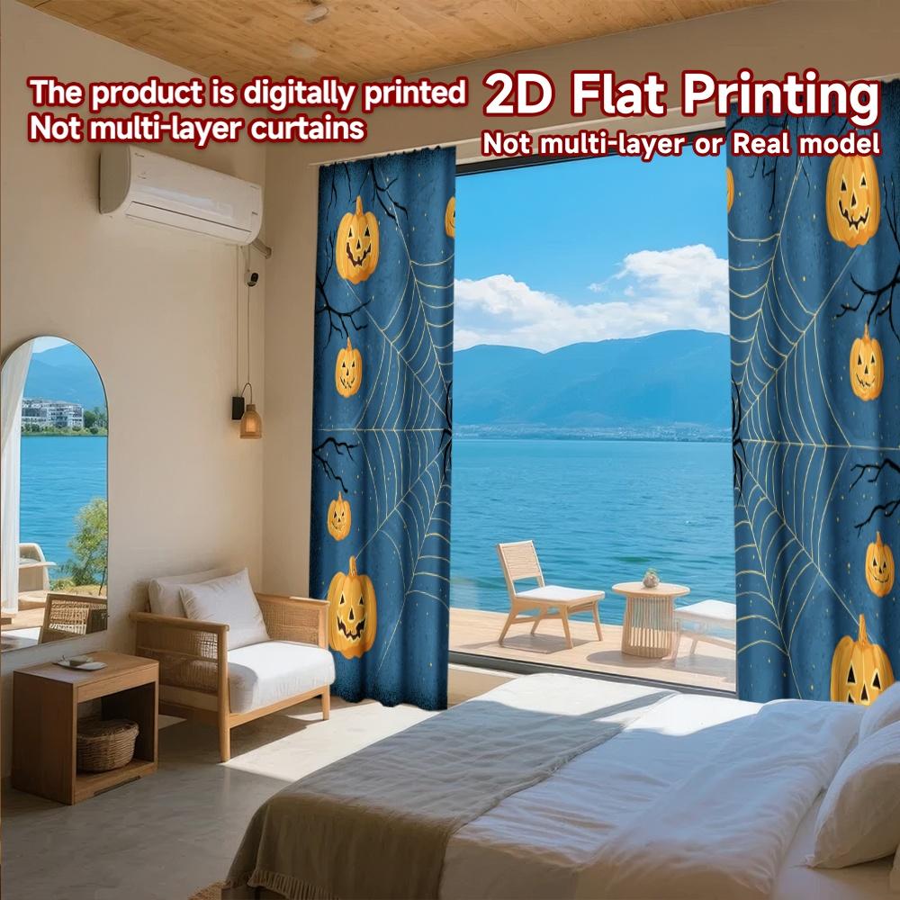 2D FLAT PRINTING 2pcs Curtains (Without Rod) Halloween Night with Spider and Pumpkins Easter Festival Creative Curtains